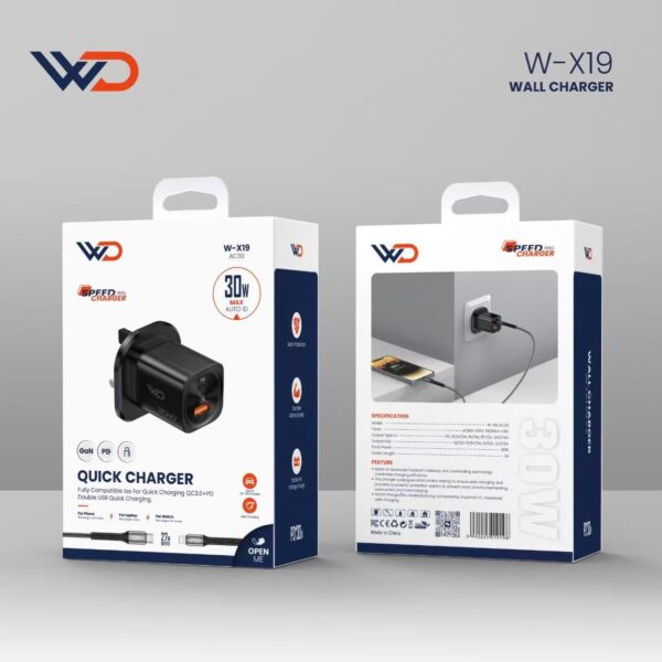 شاحن جداري بمنفذين 30 واط مع كيبل تايب سي إلى لايتنينج - W-X19 BLACK AC30 home+CL cable