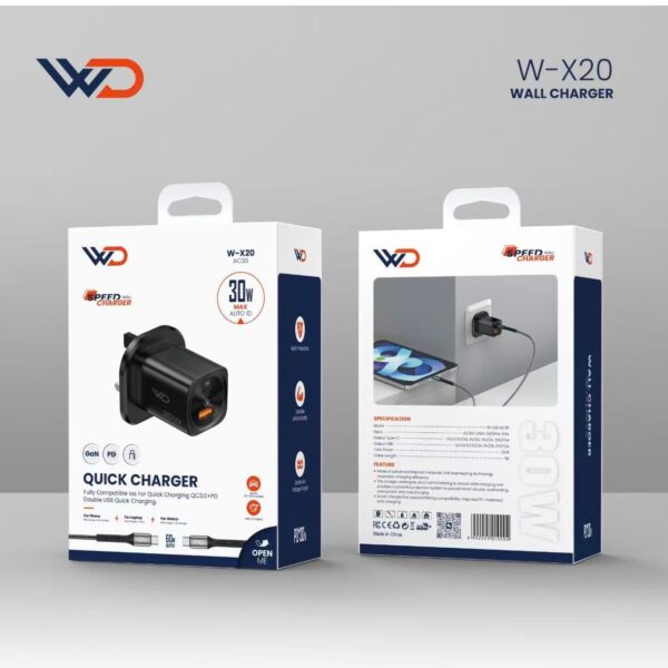 شاحن جداري بمنفذين 30 واط مع كيبل تايب سي إلى تايب سي - W-X20 BLACK AC30 home+CC cable