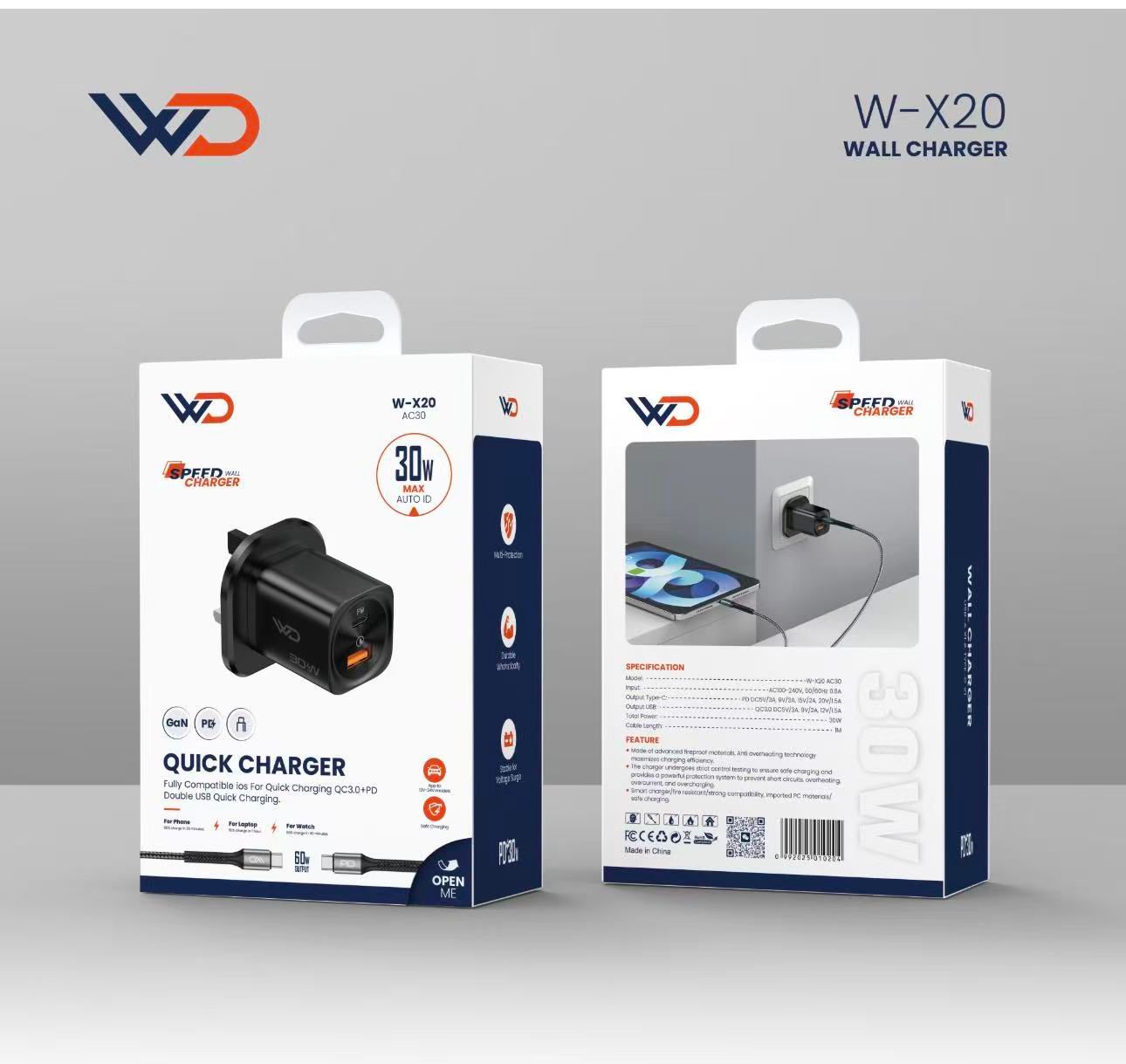شاحن جداري بمنفذين 30 واط مع كيبل تايب سي إلى تايب سي - W-X20 BLACK AC30 home+CC cable