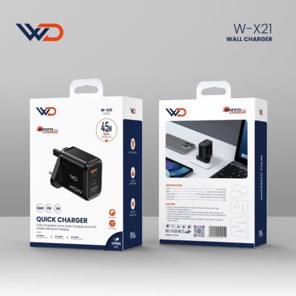 شاحن جداري بتقنية GaN بمنفذين 45 واط - W-X21 BLACK AC45 home