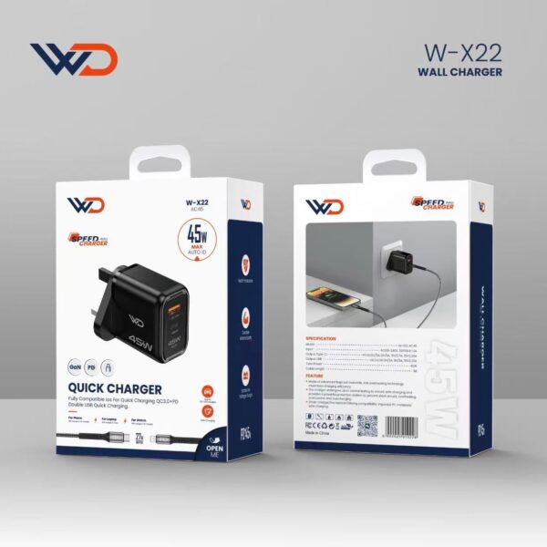 شاحن جداري GaN بمنفذين 45 واط مع كيبل تايب سي إلى لايتنينج - W-X22 BLACK AC45 home+CL cable