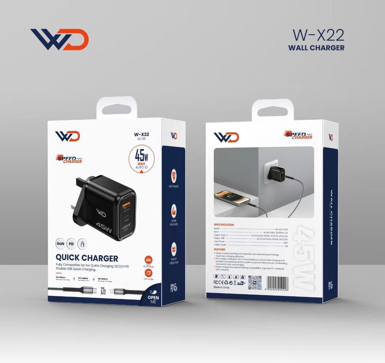 شاحن جداري GaN بمنفذين 45 واط مع كيبل تايب سي إلى لايتنينج - W-X22 BLACK AC45 home+CL cable