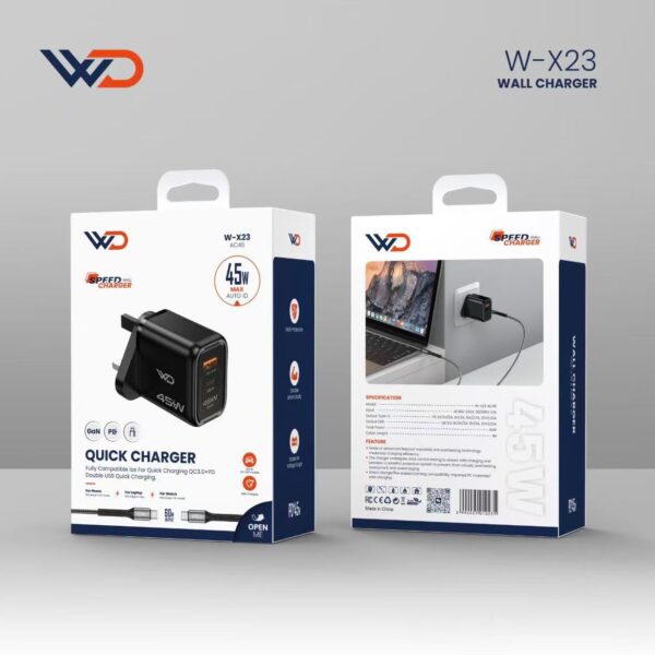 شاحن جداري GaN بمنفذين 45 واط مع كيبل تايب سي إلى تايب سي - W-X23 BLACK AC45 home+CC cable