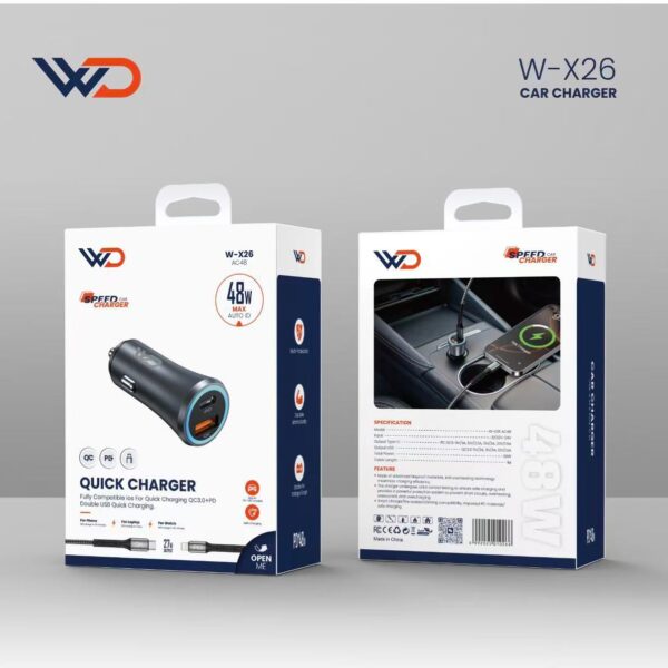شاحن سيارة بمنفذين 48 واط مع كيبل تايب سي إلى لايتنينج - W-X26 BLACK AC48 CAR+CL cable