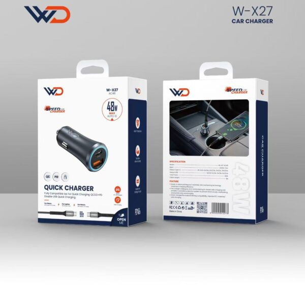 شاحن سيارة بمنفذين 48 واط مع كيبل تايب سي إلى تايب سي - W-X27 BLACK AC48 CAR+CC cable