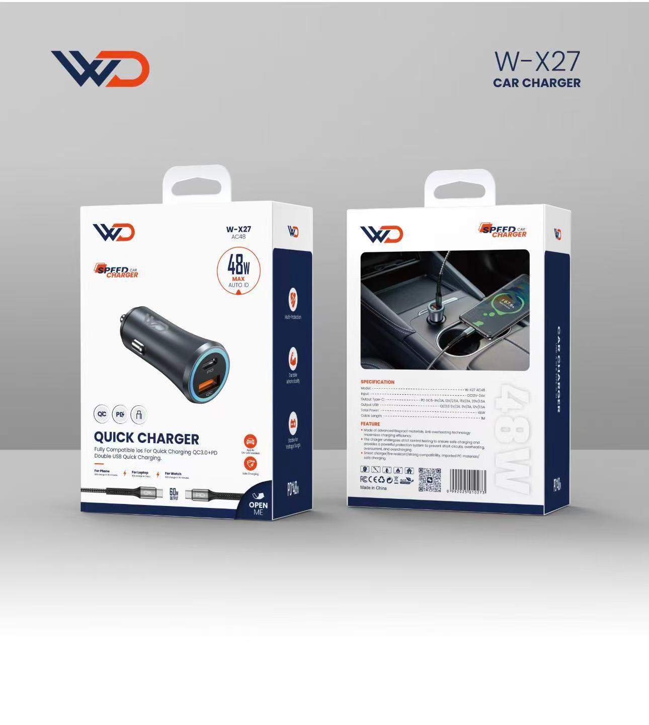 Dual-Port Car Charger 48W with Type-C to Type-C Cable - W-X27 BLACK AC48 CAR+CC cable