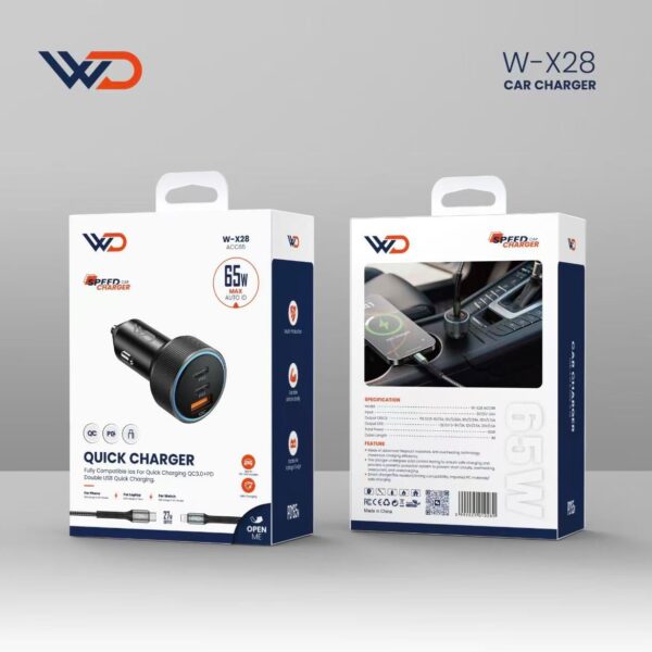 شاحن سيارة فائق السرعة 65 واط مع كيبل تايب سي إلى لايتنينج - W-X28 BLACK ACC65 CAR+CL cable