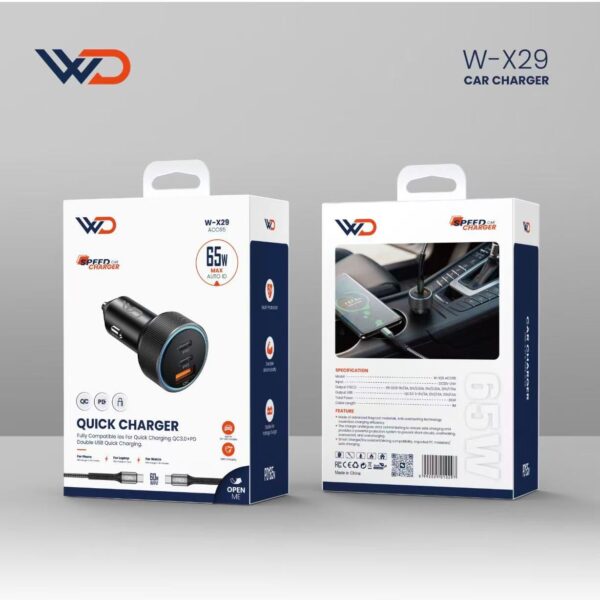 شاحن سيارة فائق السرعة 65 واط مع كيبل تايب سي إلى تايب سي - W-X29 BLACK ACC65 CAR+CC cable